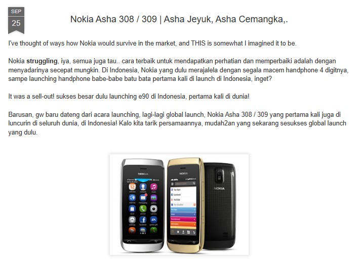 Ario Pratomo reviewing the Nokia Asha 308 on his blog.