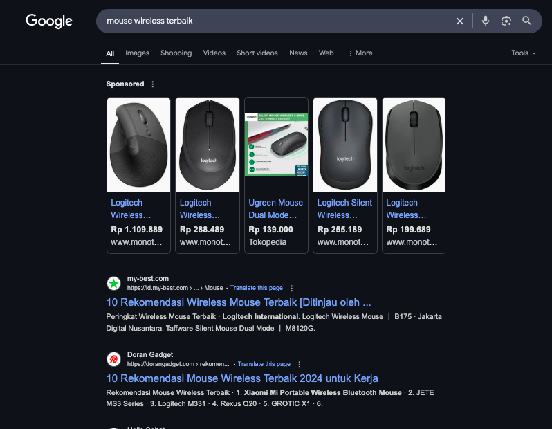 Google search result of “best wireless mouse”